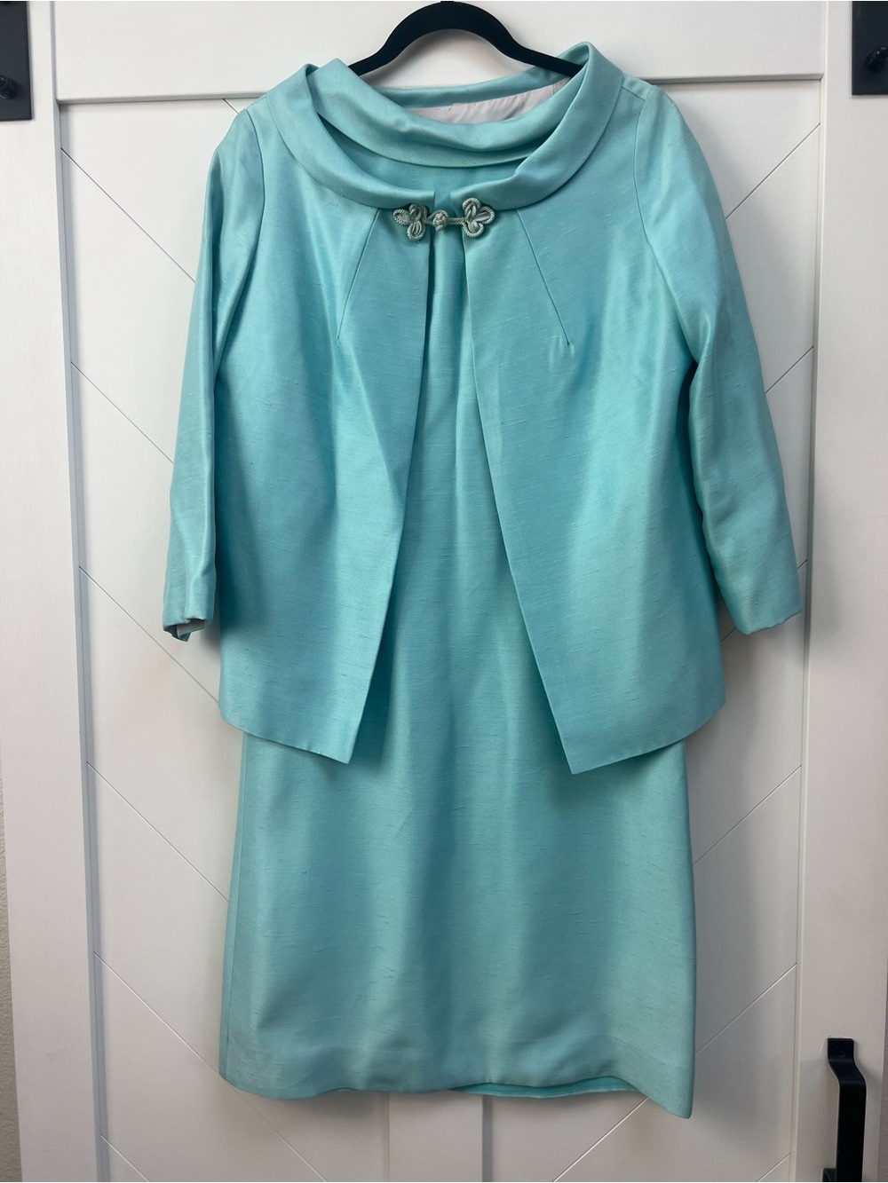 1960’s Handmade “Jackie-O” Elegant Aqua Two-Piece Dress with Decorative Collar